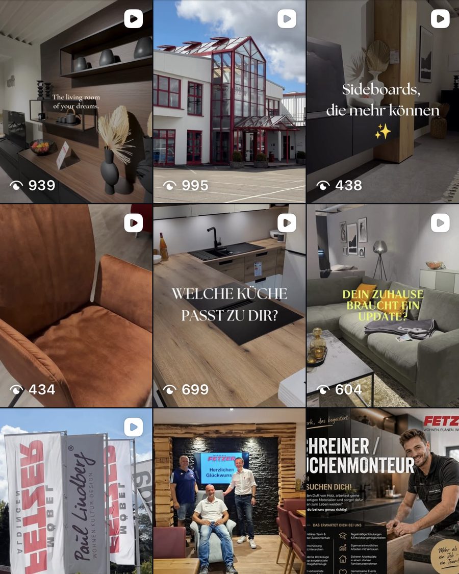 Ausschnitt aus dem Instagram-Feed von Möbel Fetzer: Ausstellung, Küchen, Firmengebäude und Team